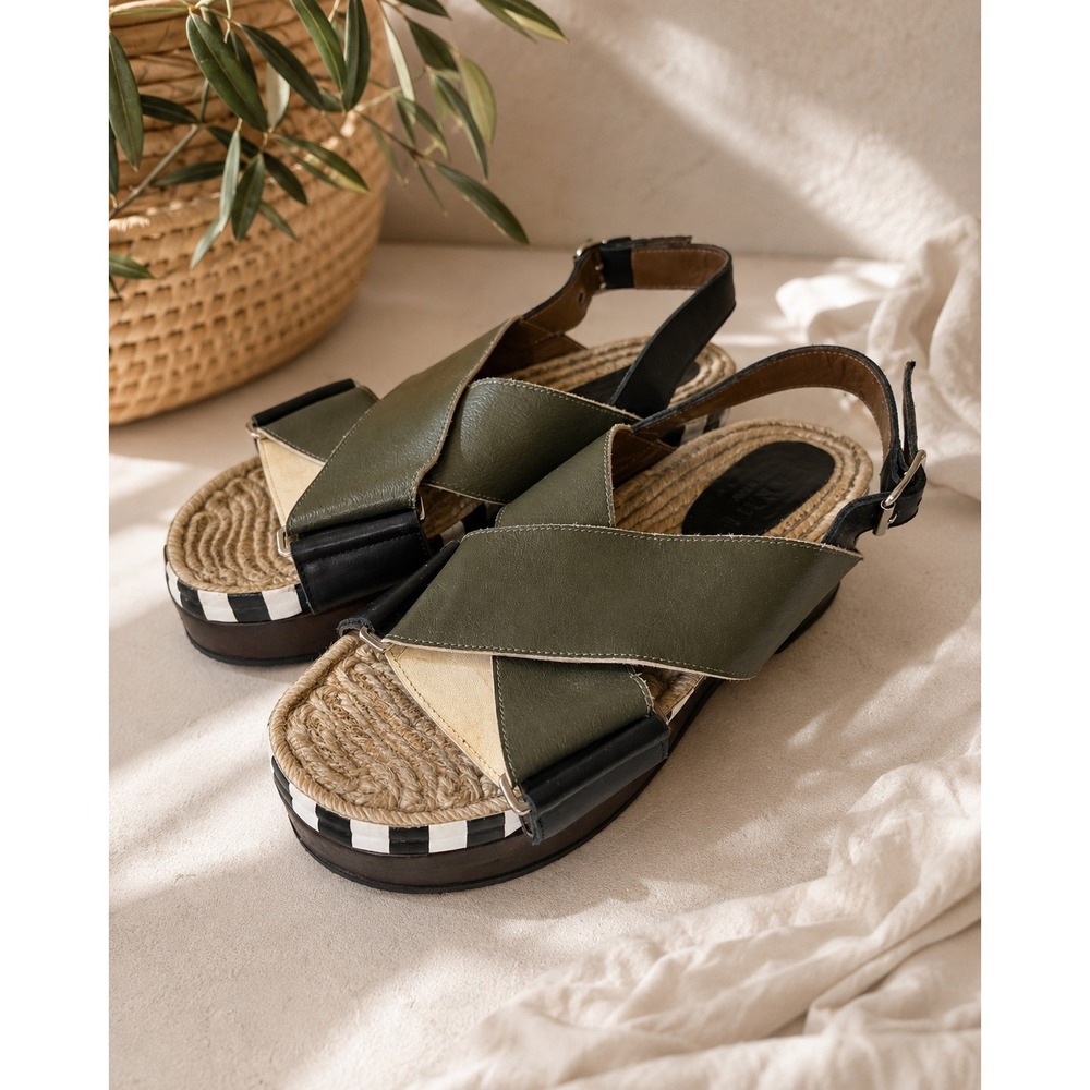 Marni Olive Green Leather Espadrille Platform Slingback Sandals Striped Trim